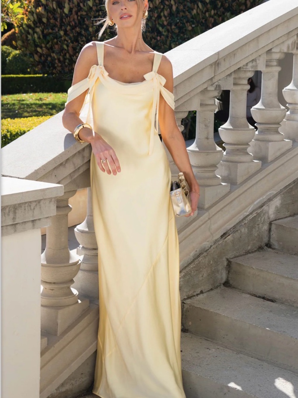 Show Me Your MuMu Pale Yellow Satin Maxi Dress with Shoulder Bows